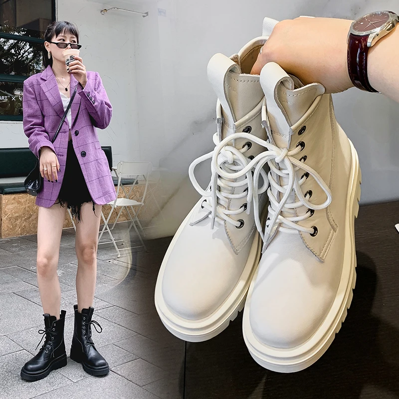 

Genuine Leather Chunky Heels ladies ankle boots Fashion Cross Tied Platform Women Winter Boots Women Party Casual Shoes Woman