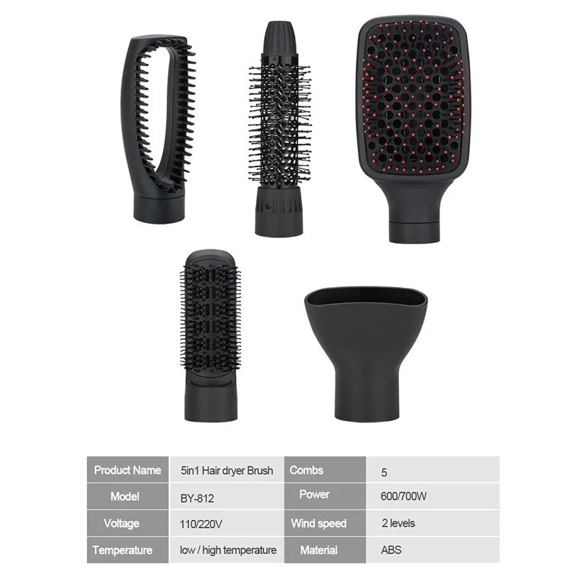 1000W Professional Hair Dryer Brush 5 In 1 Straightener Curler Comb Electric Blow With Roller Styler | Красота и здоровье