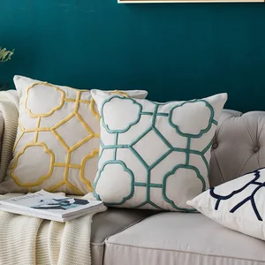Наволочка с геометрической вышивкой, синяя, желтая, белая, темно-синяя, домашняя декоративная наволочка 50x50 см, декоративная наволочка