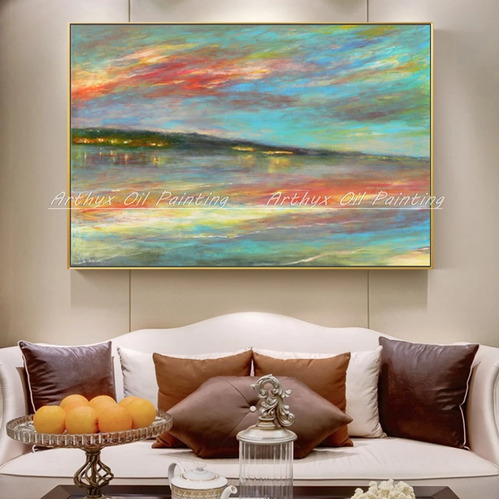 

Arthyx Hand Painted Abstract Morning Sea Landscape Oil Paintings Modern Canvas Wall Art Pictures For Living Room Home Decoration