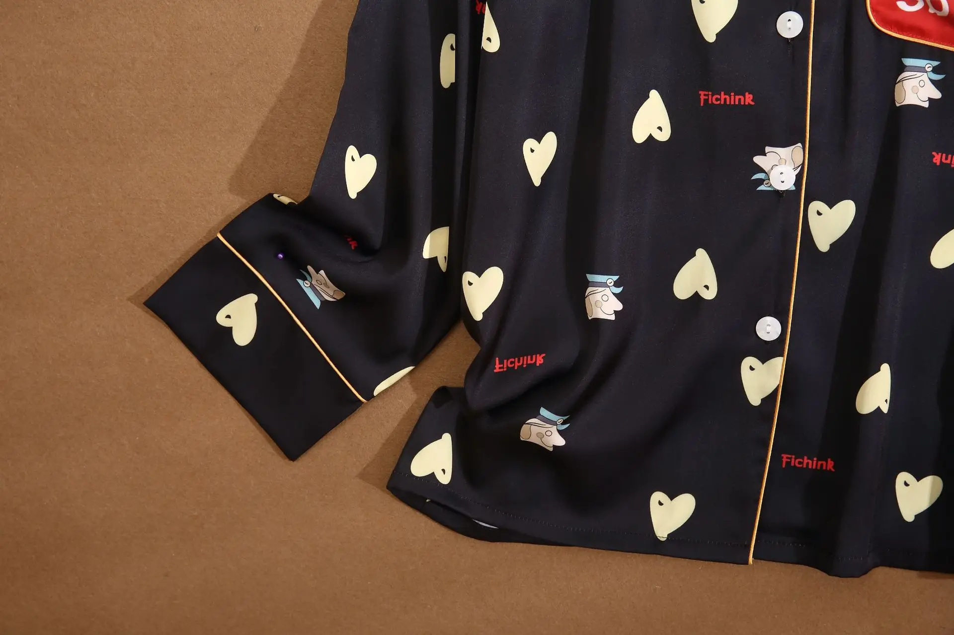 

Cartoon Sleepwear Print Love Pajamas Women Two Pieces Shirt&Pants Sets Turn-Down Collar Nightwear Satin Sexy Pyjamas Lingerie