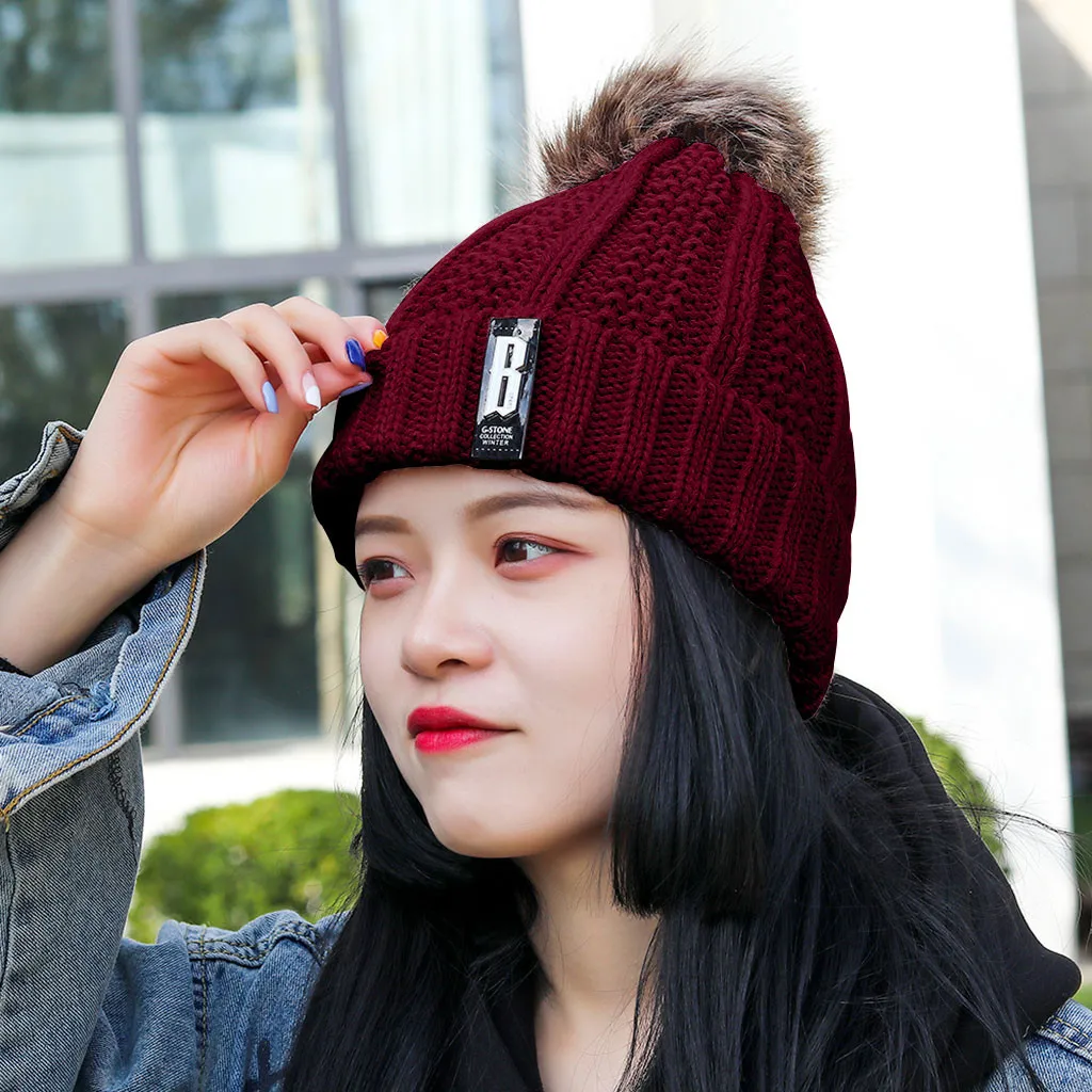 

Fashion Women knitted Winter Hat Plush Ball Warm Rabbit Girls Solid Bonnet Cap Skullies Soft Hats Wool Beanies Female Hat #10