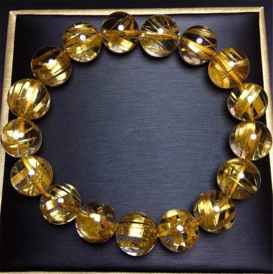 

Natural Gold Rutilated Quartz Bracelet For Women Man Wealth Healing 12mm Round Beads Stretch Gemstone Jewelry AAAAA Certificate