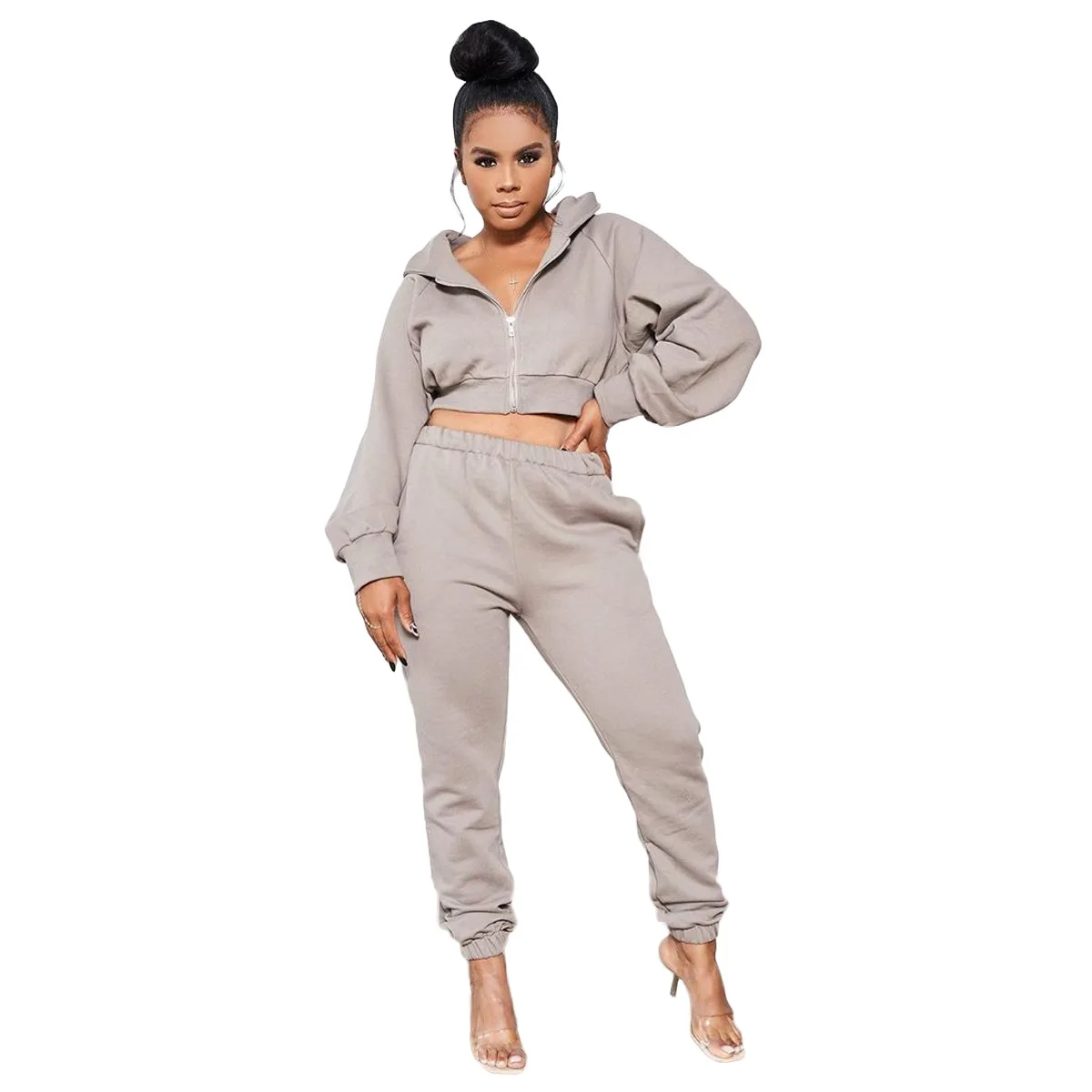 

Autumn Lady Clothing Casual Zipper Hooded Crop Top and Elastic High Waist Pencil Pants Two Piece Outfits for Women Dresy Damskie