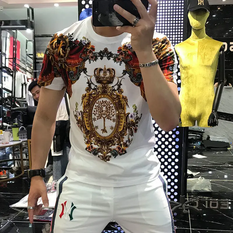 

Ice silk short sleeve T-shirt men's 2021 new summer national spirit guy men slim handsome hot drill jacket