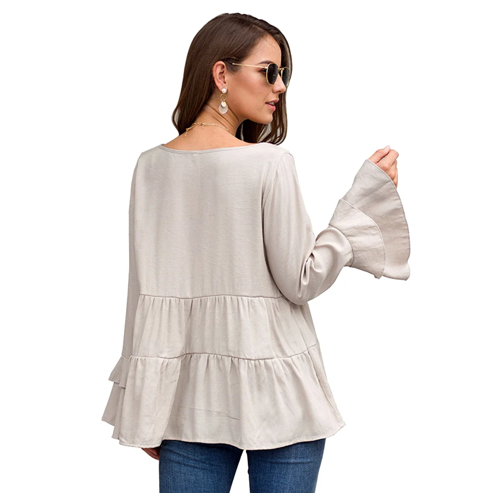 

New Arrival Womens Bell Sleeve Tops Round Neck Shirts Ruffled Long Sleeve Tee Shirt Blouses