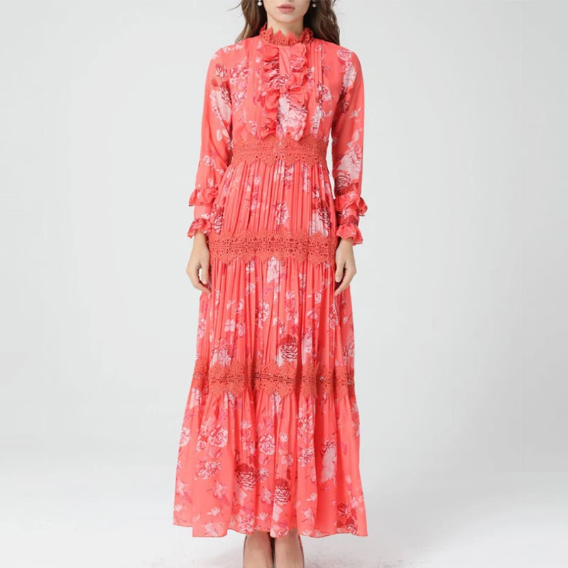 

2021 Autumn New Vintage Silk Dresse Women Fashion Designer Long Sleeve Water-soluble flower Patchwork Printed Elegant Long Dress
