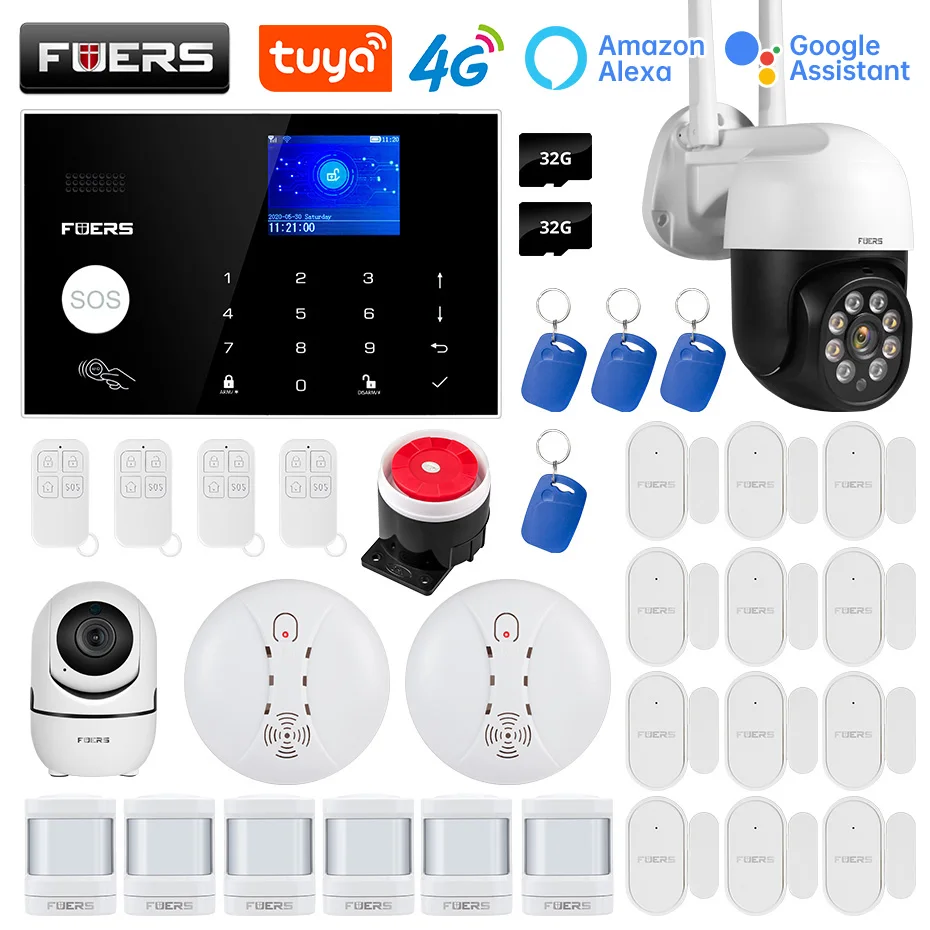 

FUERS Wi-Fi 4G GMS Tuya смарт-домашняя система охранной сигнализации Комплект для беспроводной сигнализации камера контроль сирена детектор движени...