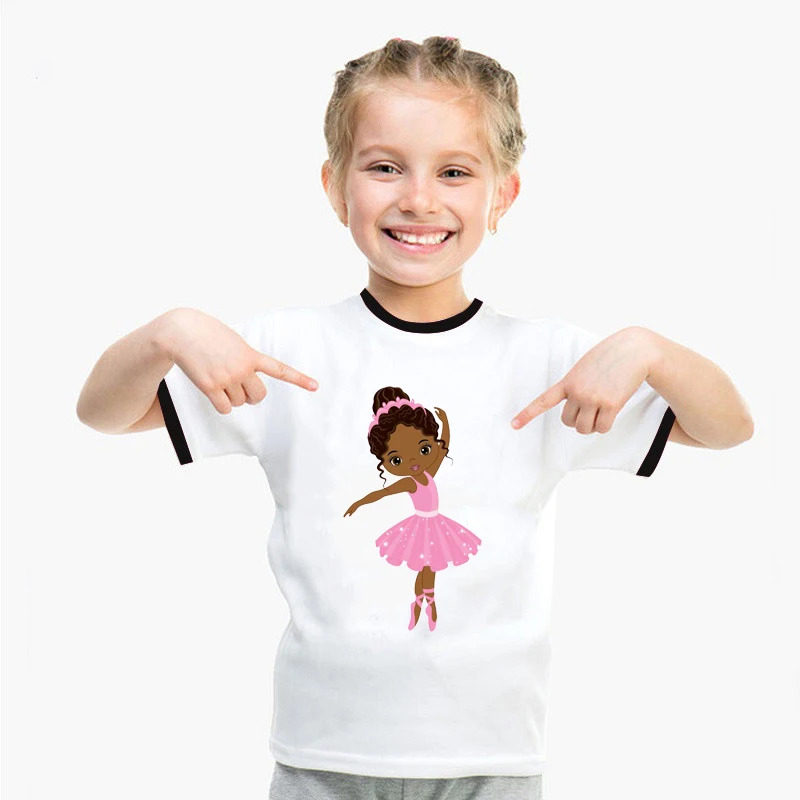 Cute little black girl dancing ballet print white t-shirt summer t shirt lovely ringer tee for girls melanin kids tshirt | Детская