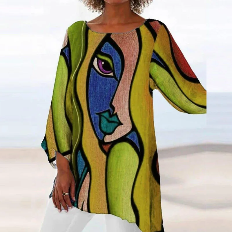 

Autumn Vintage Face Printed Long Tops Blouse Women Casual Long Sleeve Asymmetrical Shirts Ladies Elegant O Neck Plus Size Blusas