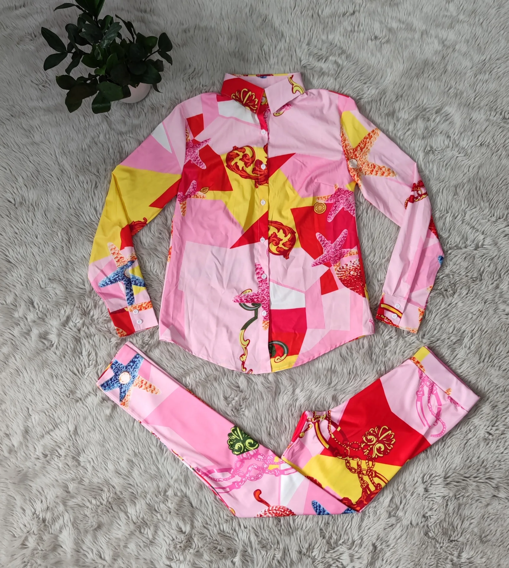 

SSEURAT Women Set Print Full Sleeve Bandage Shirts Tops Stretchy Pants Two 2 Piece Sets Fashion Fall Outfits Tracksuit