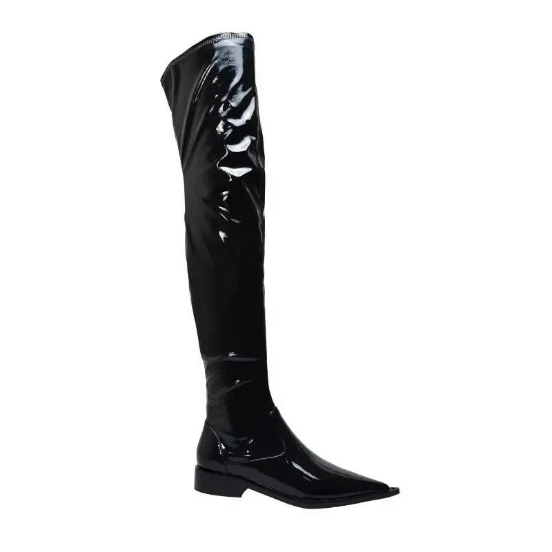 

Новинка 2022, высококачественные сапоги HKYX из натуральной кожи, высокие сапоги до бедра с острым носком, эластичные сапоги выше колена из лаки...