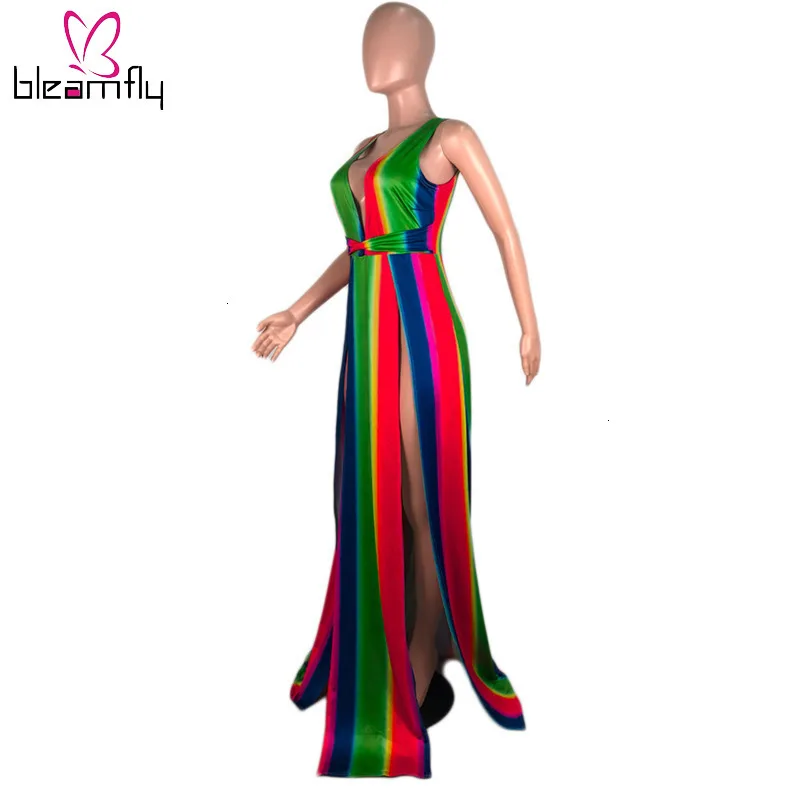 Радужное Сексуальное Платье макси с разрезом и принтом женская одежда для