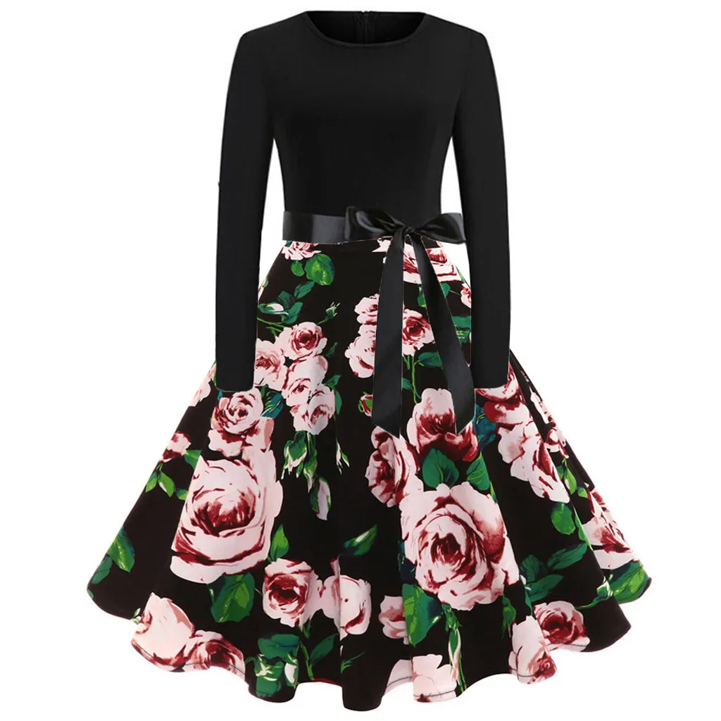 Зимнее женское платье с длинным рукавом и цветочным принтом Хепберн винтажное