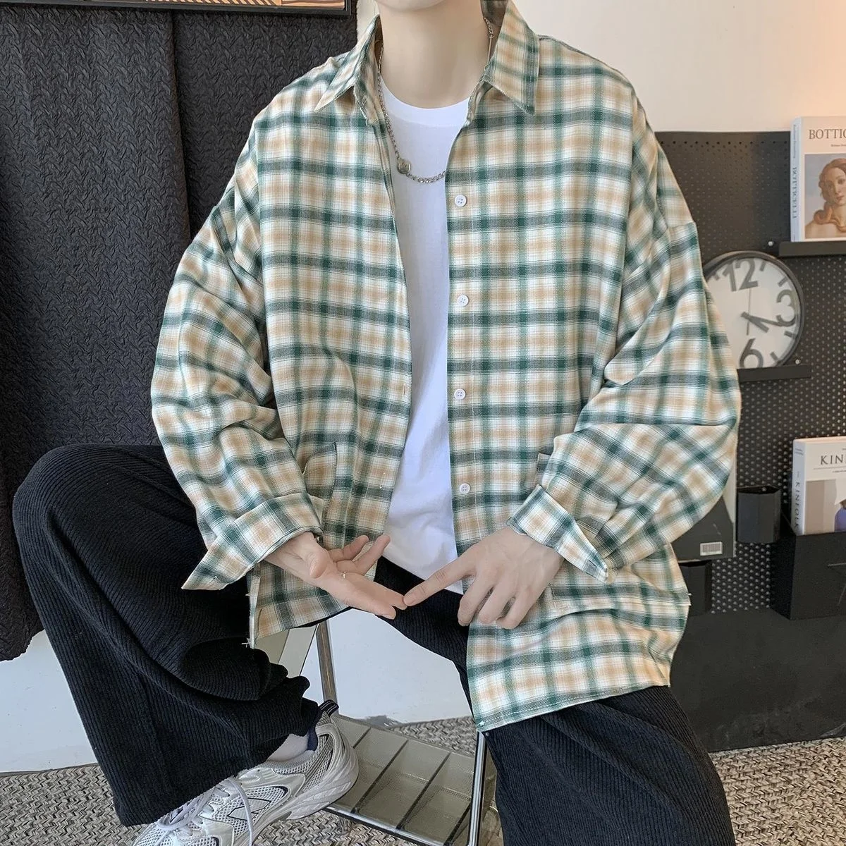 Новинка весны мужские рубашки в клетку Neploha повседневные с длинным рукавом