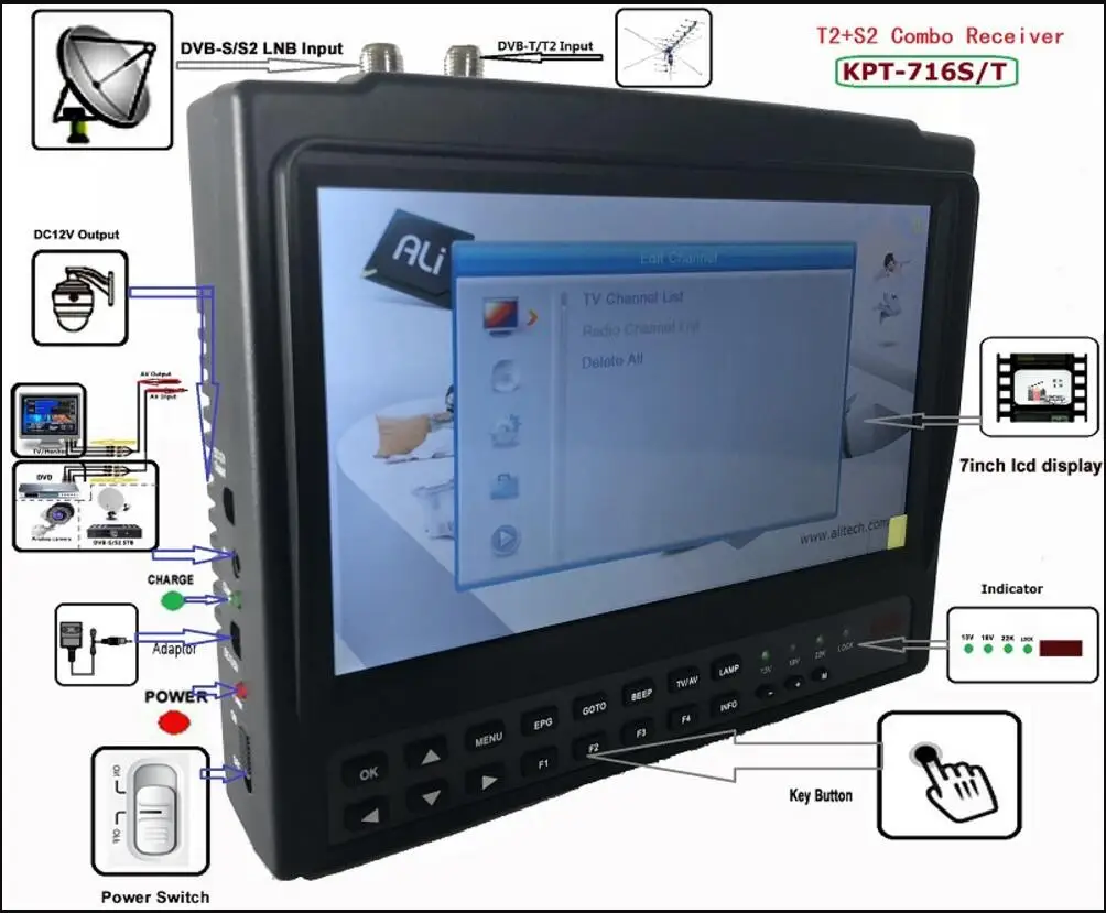 KPT-716TS DVB-S2 DVB-T2 satllite Finder meter Satellite TV Receiver MPEG-4 Modulator better satlink ws-6979 6933