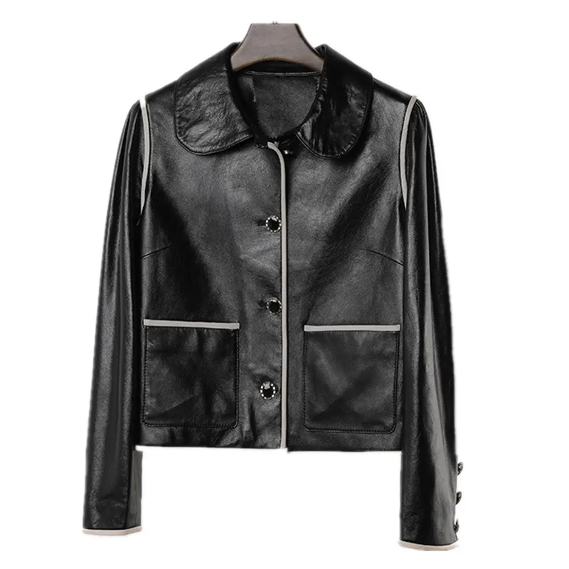 Spring Autumn France Style Women's Elegant Genuine Leather Jackets Hot Chic Pockets Sheepskin Coat C203