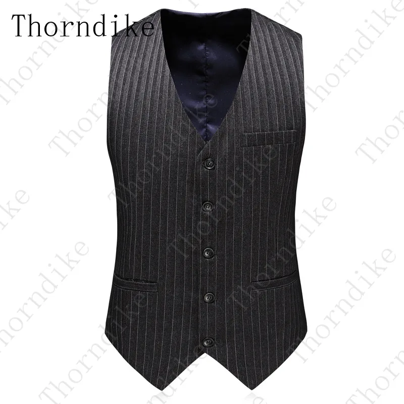 Thorndike (куртка + жилет брюки) 2020 темно-серые полосатые Свадебные смокинги для