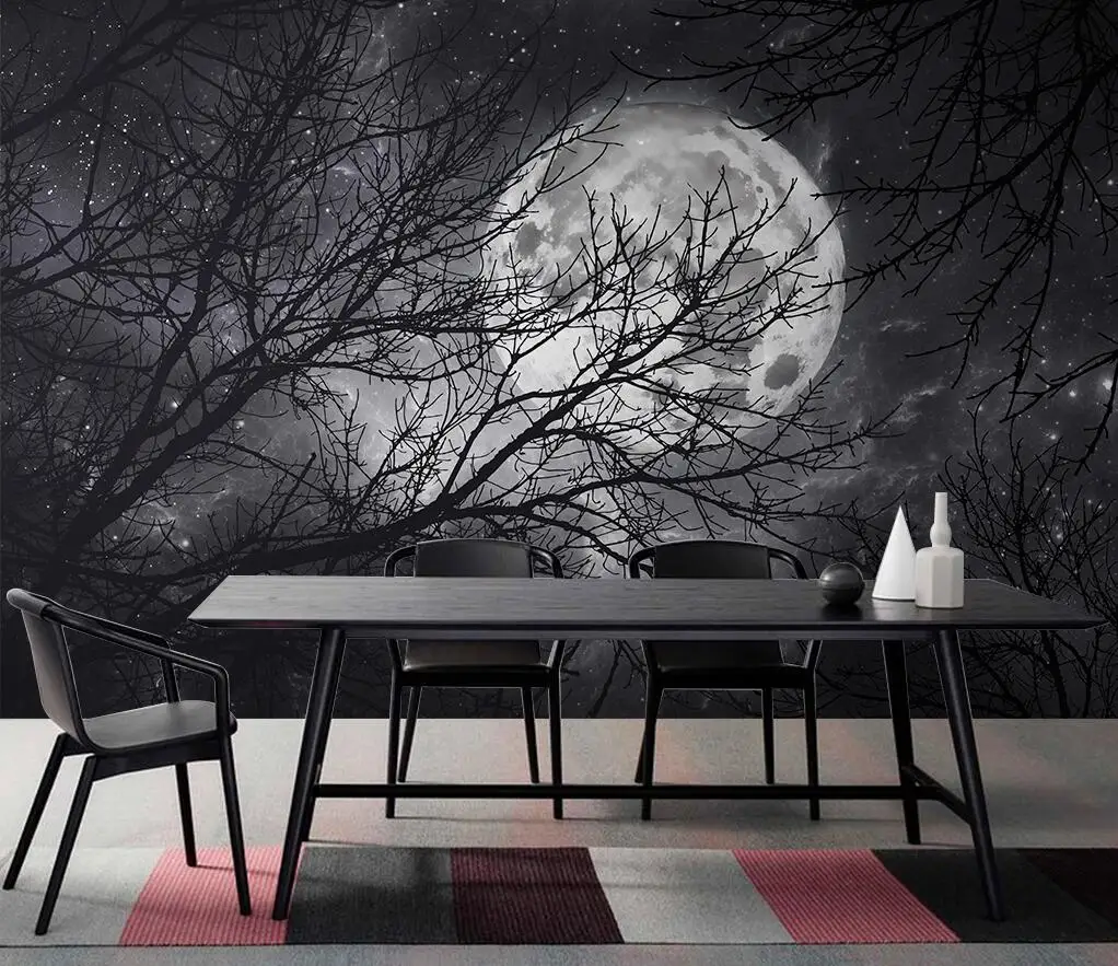 Custom wallpaper photo moon branches woods wall painting home decoration living room bedroom black and white murals 3d wallpaper