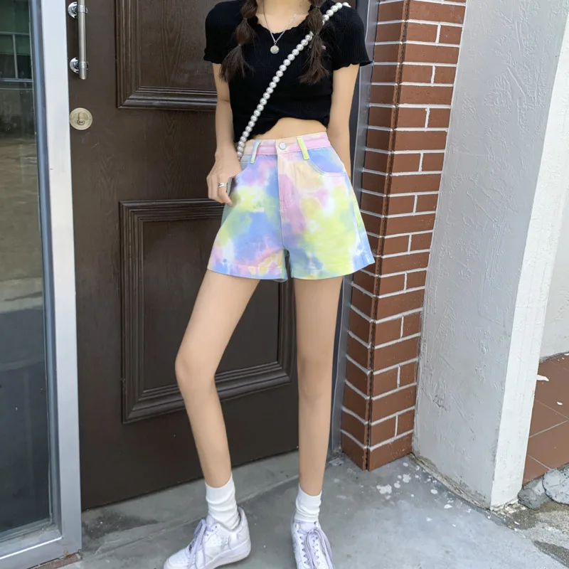 

Tie Dye Denim Shorts Skinny Wide Leg Korean Design Women's Clothes 2021 Summer New Casual Y2K High Waist Pants Loose Short Jeans