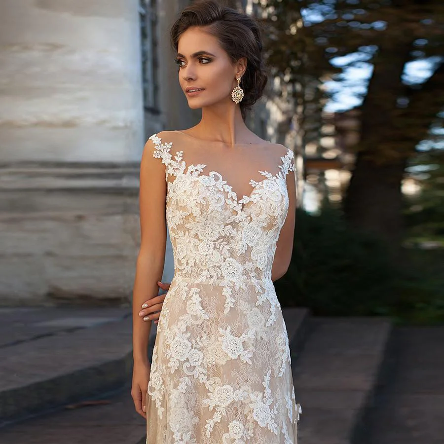 

Lace Wedding Dress 2022 Illusion Neckline Appliques Vintage Bridal Gowns Wedding Dress Sheath Sheer vestido de novia