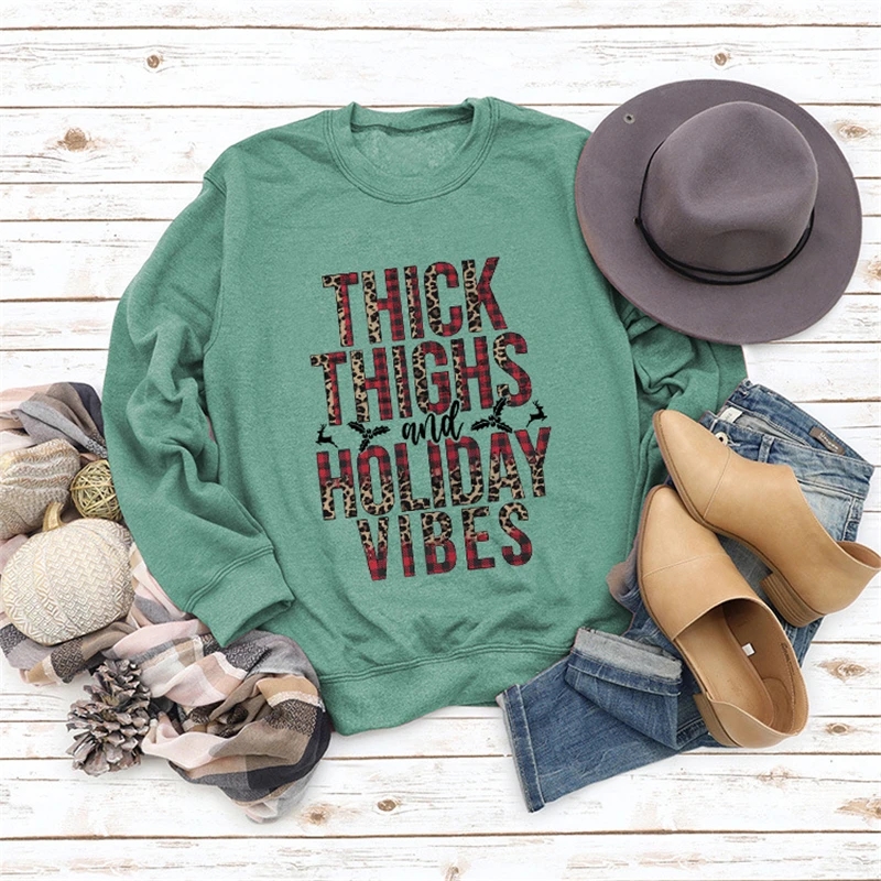 New Christmas sweater, casual sports women's pullover THICK THIGHS fun cotton top, letter plaid modern jacket