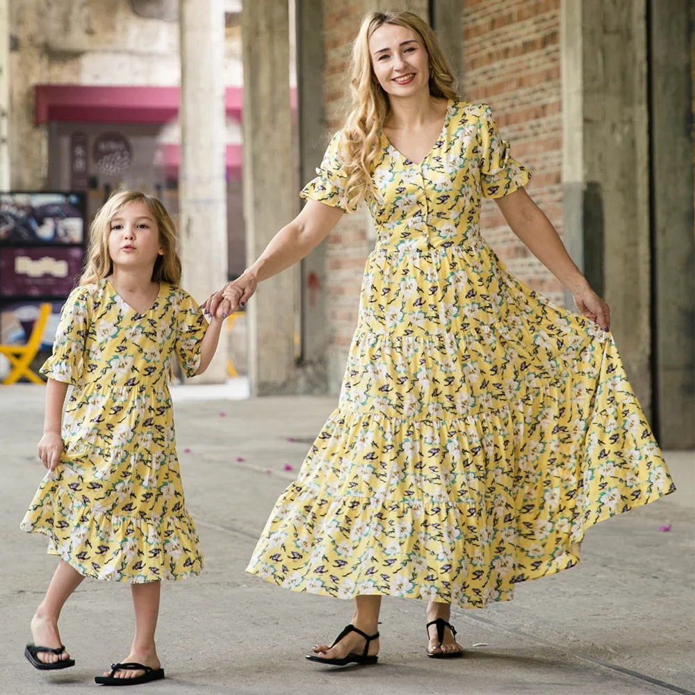 PatPat Stylish Floral Printed Long Sleeve Dress in Yellow for Mom and Me Spring Autumn Print Casual | Мать и ребенок