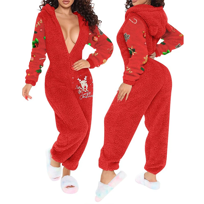 

Рождественская зимняя женская домашняя одежда с длинным рукавом, теплый цельный комбинезон с капюшоном, функциональный пушистый комбинезо...