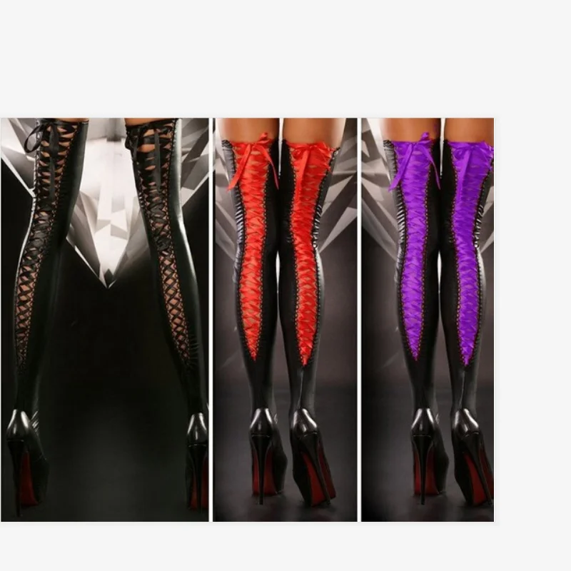 Женские чулки облегающие Гольфы выше колена сексуальные Ленточные лакированные