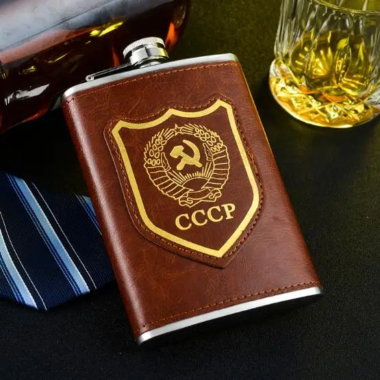 9oz Brown GENNISSY флаг Советского Союза узор колба коричневый кожаный Открытый Спорт портативный Нержавеющая сталь напиток алкоголь колбы для мужчин - Цвет: 9oz Brown