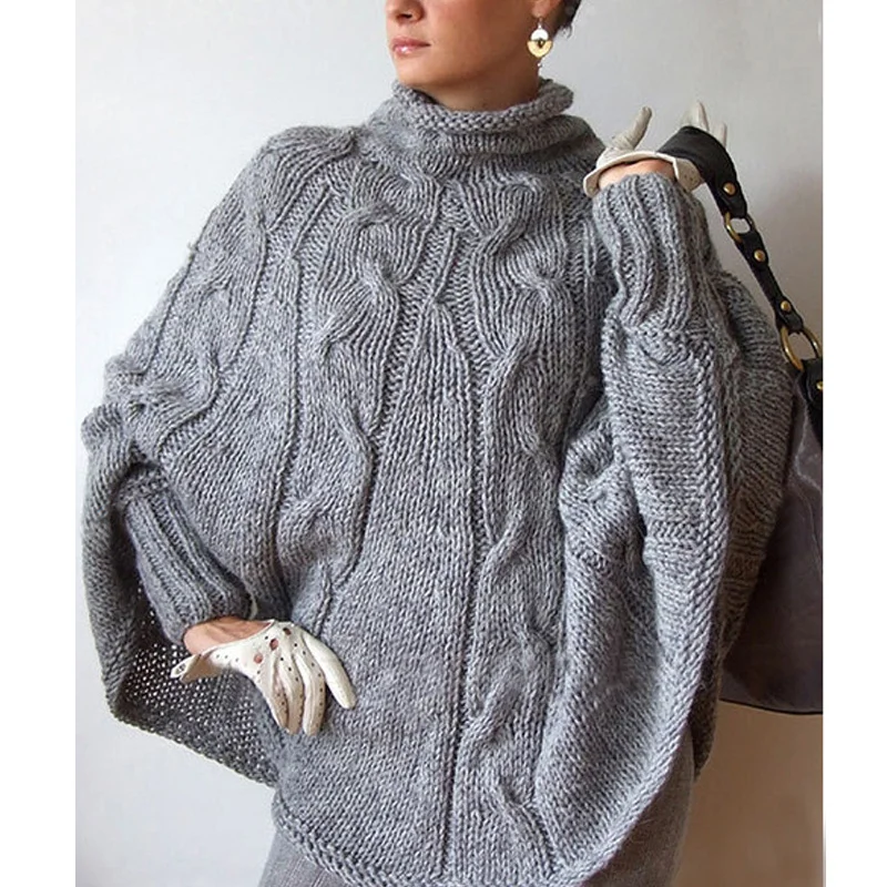 

Женский Однотонный свитер с высоким воротником, модный простой Повседневный вязаный пуловер с рукавами «летучая мышь», Свободный Топ на ос...