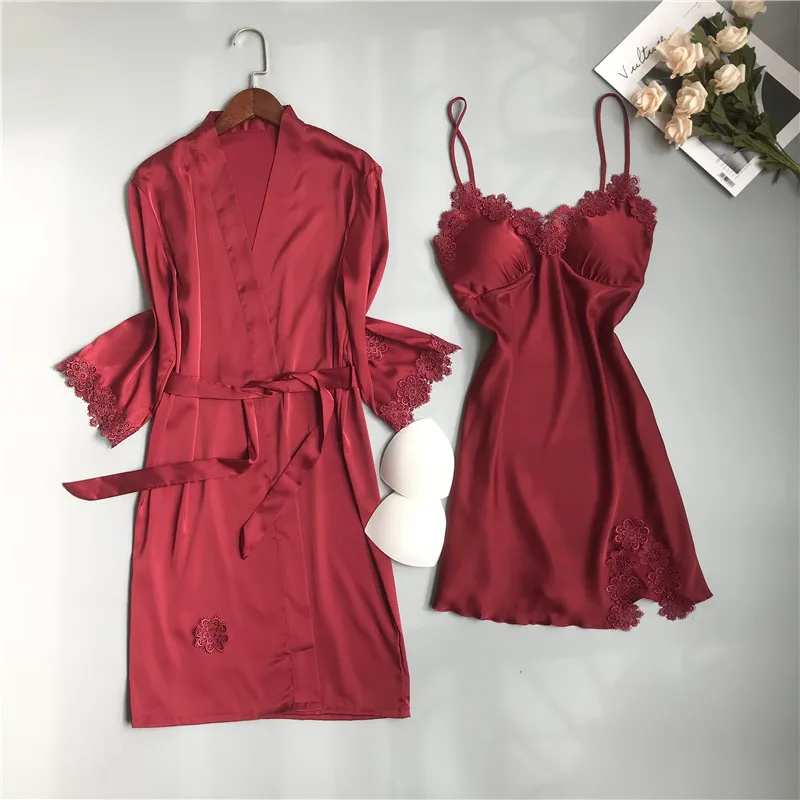 Spring Pajamas Sets Women Robe Gown Suit Sexy 2PCS Sleep Dress Sleeveless Nightdress Pyjama Lounge Home Clothes With Chest Pads | Женская