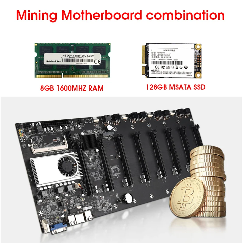 Verkaufen Riserless Bergbau Motherboard 8 GPU Bitcoin Crypto Etherum Bergbau Mit 128GB MSATA SSD DDR3 8GB 1600MHZ RAM SET