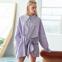 women fashion single breasted pleated ruched shirt dress office ladies lantern long sleeve vestido chic button up dresses new