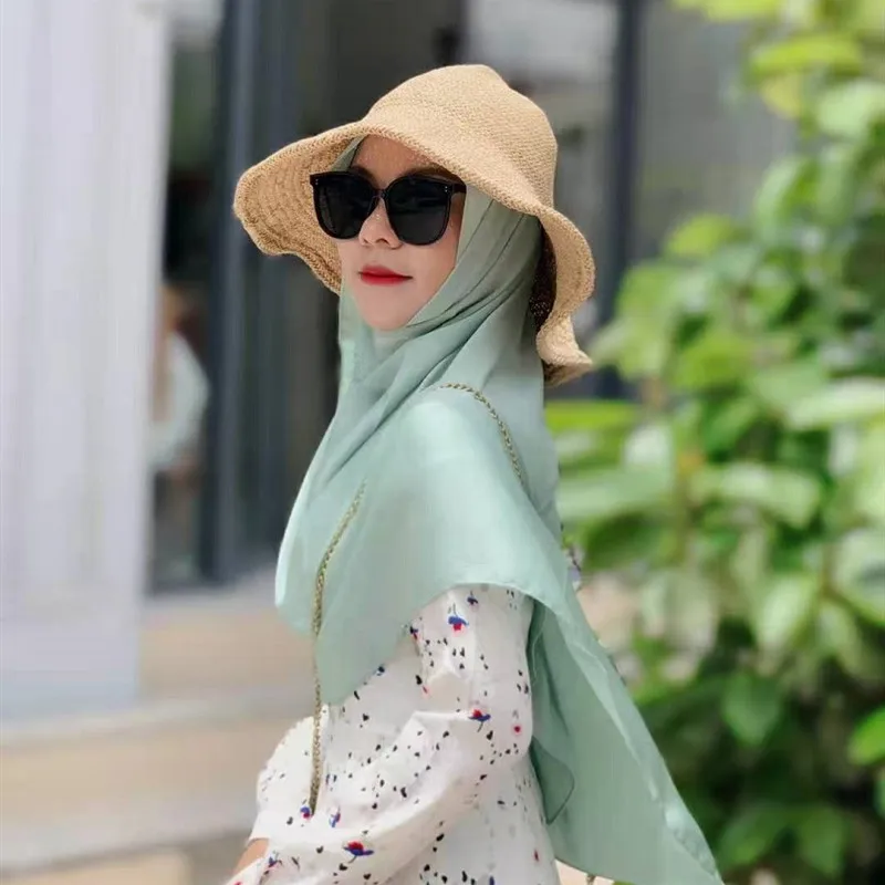 

Summer Fashion Satin Silky Muslim Hijabs Shawls Wrinkled Plain Color Headscarf Long Scarf New Malaysia Women's Pashmina Headwrap