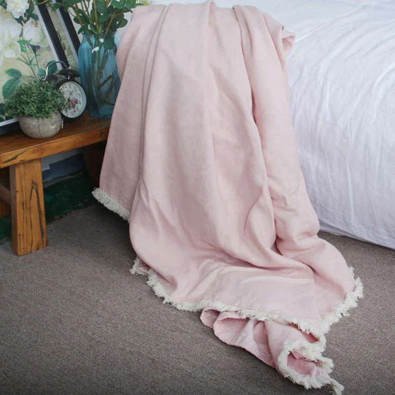 

Double Layer Fringe Pure 100% Linen Sofa Blanket Nap Bed Blanket Summer Cool Quilt Ivory Oatmeal Throw Pink Bedclothes