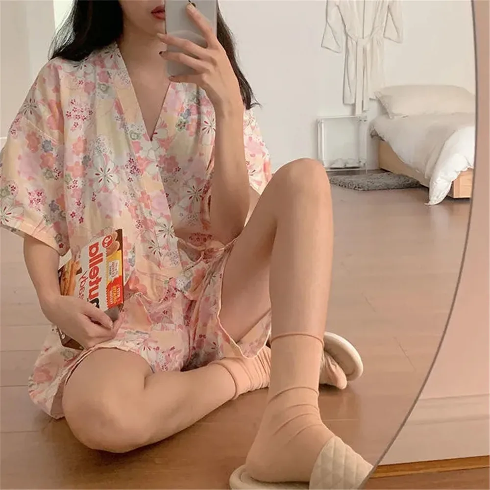 Japanese Kimono Women Girl Kawaii Room Wear Summer 2021 Pajamas Floral Print Loose Casual Shorts Pijamas Two Piece Set Nightwear