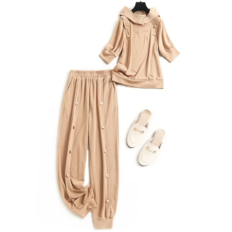 

Женский спортивный костюм из двух предметов, белый или хаки Повседневный Спортивный костюм с толстовкой с коротким рукавом и брюками, лето ...