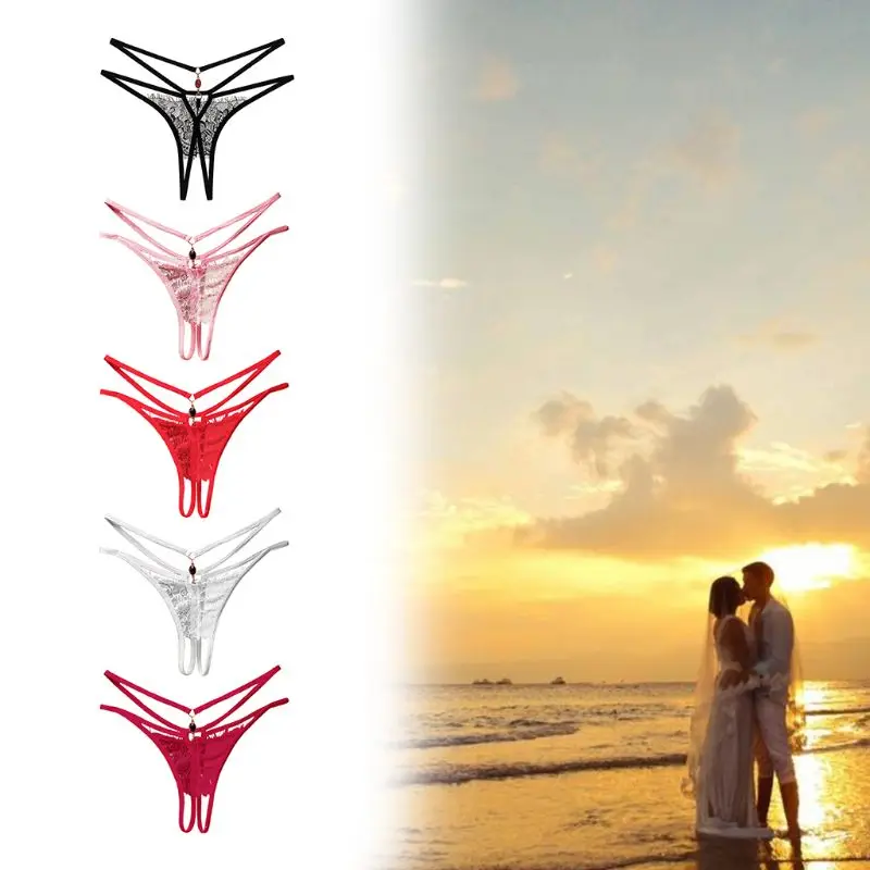 

Women Sexy Sheer Eyelash Floral Lace Lingerie Briefs Hollow Open Crotch G-String Underwear Rhinestone Pendant Drop Thong