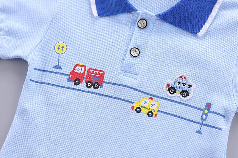 

2021 Hot Sale Boy Clothes New Fashion Children Button Design Clothing Summer Short Sleeve Ambulance Printed 2 Pcs Suit Kid Wear