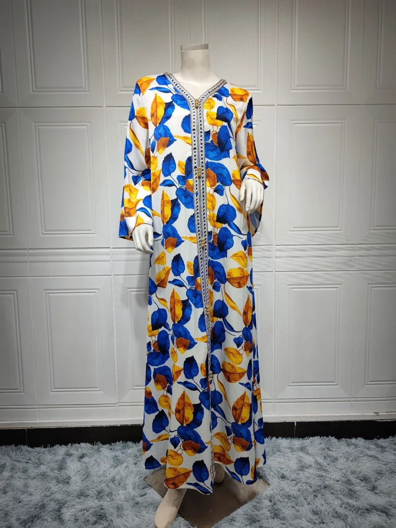 Autumn Muslim Women Long Sleeve V-neck Printing Polyester Long Dress Muslim Dress Maxi Dresses for Women