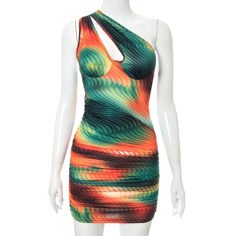 

Party Outfits Clothing Swirl Print Cut-Out Mini Dress Elegant One Shoulder Bodycon Dress Ruched Night Club