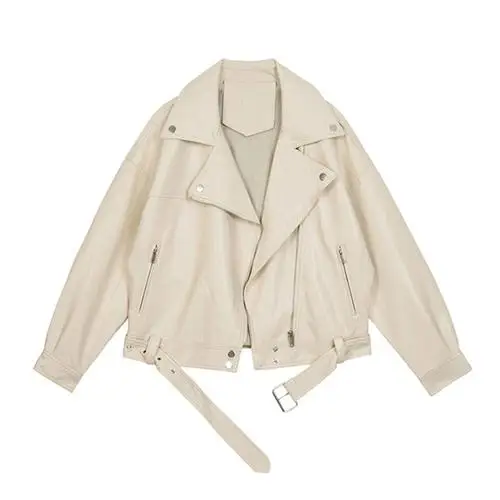 

FTLZZ 2021 New Spring Women Pu Leather Motorcycle Jacket Female With Belt Solid Color Jackets Ladys Loose Casual Jacket