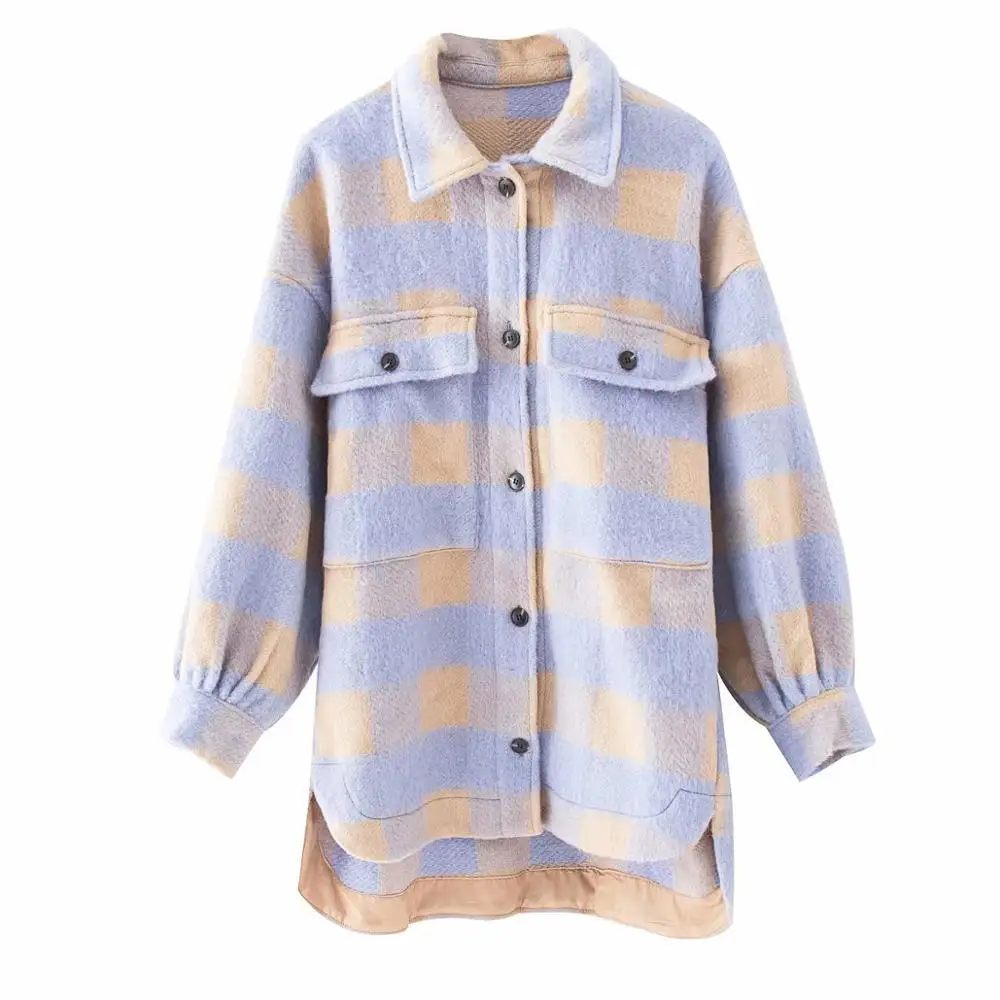 

Stylish Sweet Plaid Woolen Shirt Jackets Women Fashion Pockets Turn -Down Collar Check Jacket Cute Girls Chic Coat Streetwear