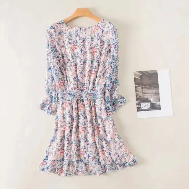 

Women mini Dress Mid-length Printed Floral Dress V Neck Belt Dress