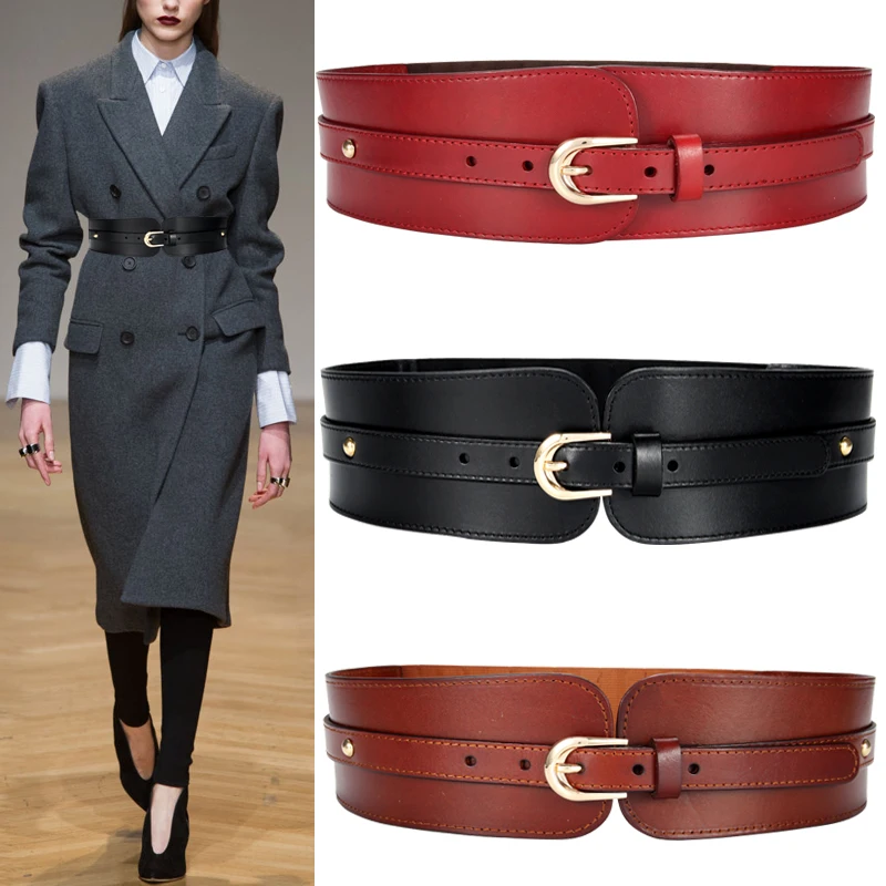 H3288 Women Wide Elastic Waist Belt Ladies Cowhide Fashion Simple Solid Color Waist Seal Genuine Leather Waistband Accessories