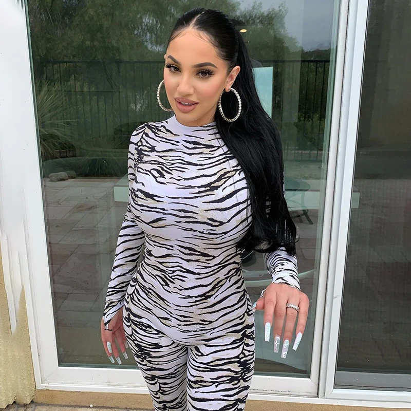 

Zebra Pattern Print Zipper Round Neck Long Sleeve Bodycon Jumpsuits for Women Spring Autumn Nordic New One Piece Club Outfits