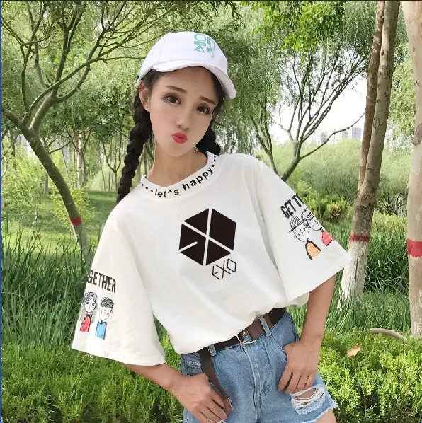Белая хлопковая Футболка Kpop EXO уличная одежда с коротким рукавом Женская