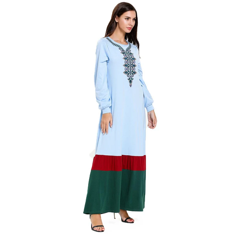 Biru Muda Plus Ukuran Wanita Muslim Abaya Hijau Merah Patch Lengan Panjang Bordir Turki Indonesia Maxi Dress M- 4XL