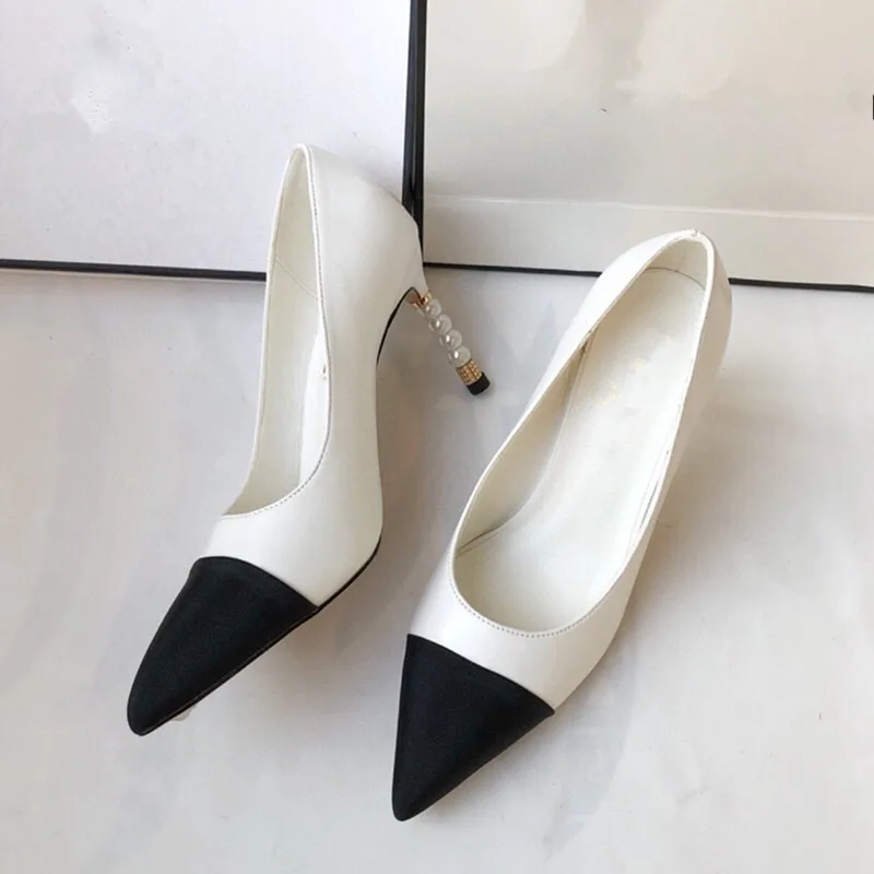 

LMZNH Mature Office Lady Women High Heels Leather Pointed Toe Pearl Slip-On Solid Simple Style Pumps Fashion Party Female Shoes